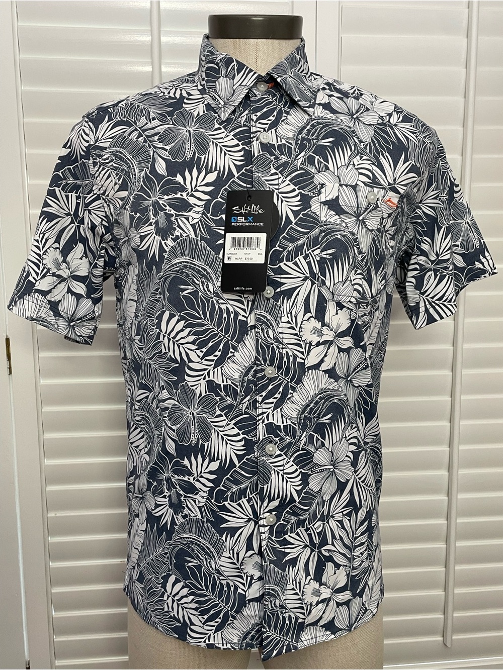 Salt Life SLX Performance Navy and White Tropical Button-Down Shirt